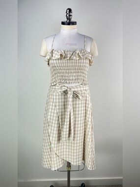 💚 3806. Beige Gingham Ruffle Midi Skirt & Smocked Top Set